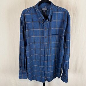 Lands End Mens XL Blue Brown Windowpane Plaid Flannel Button Down Shirt